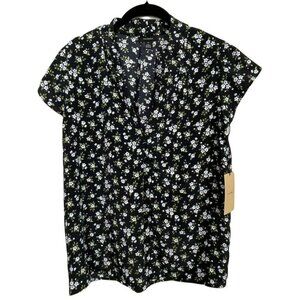 NWT Halogen Women's Size XS Black Floral V-Neck Blouse Short Sleeve‎ Top